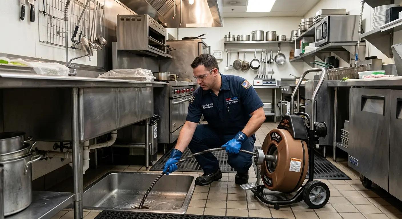 Commercial drain cleaning service in a restaurant kitchen in Clarkson