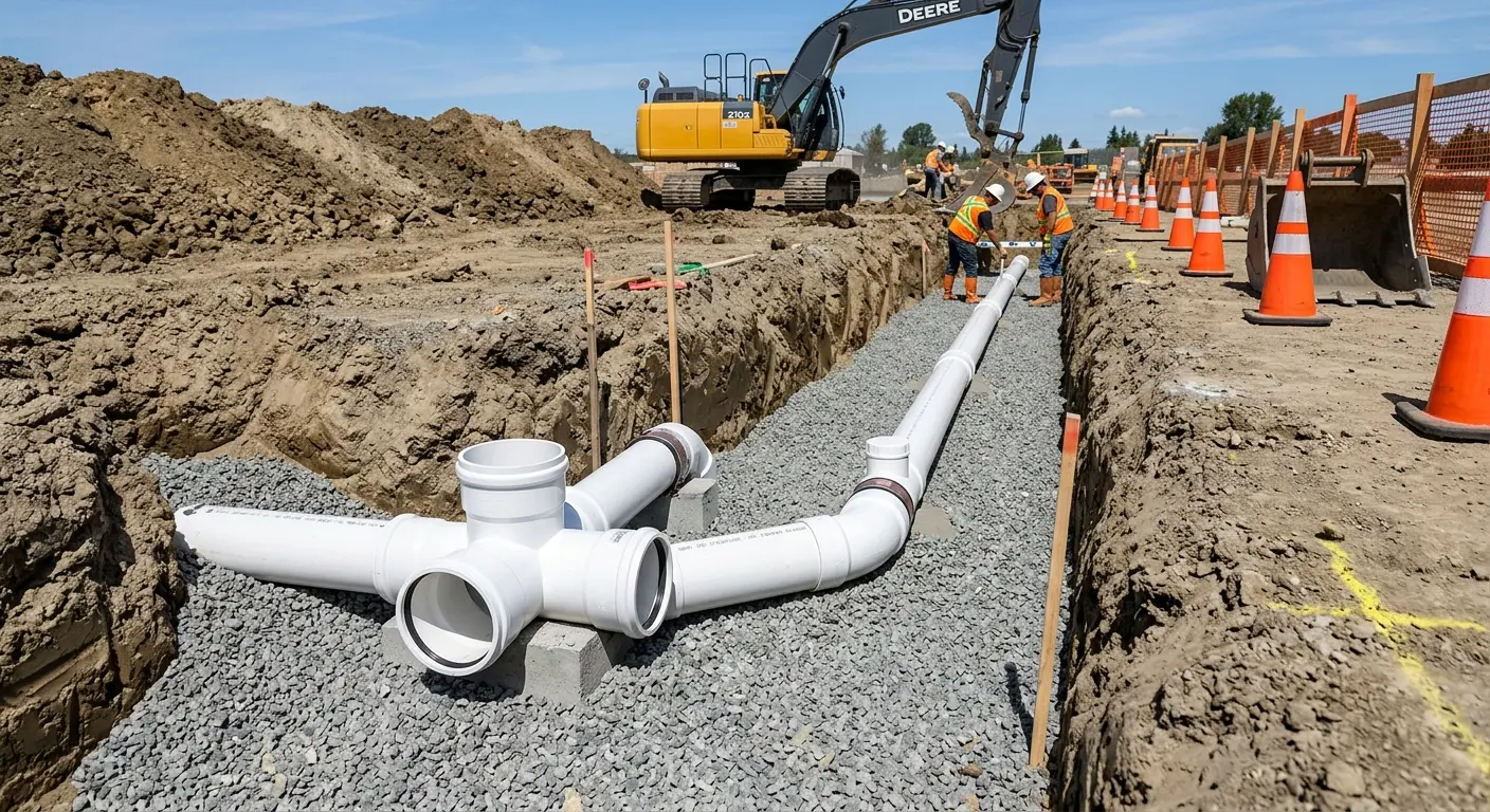 New PVC sewer pipe installation in open trench for Commercial Drain Cleaning in Clarkson