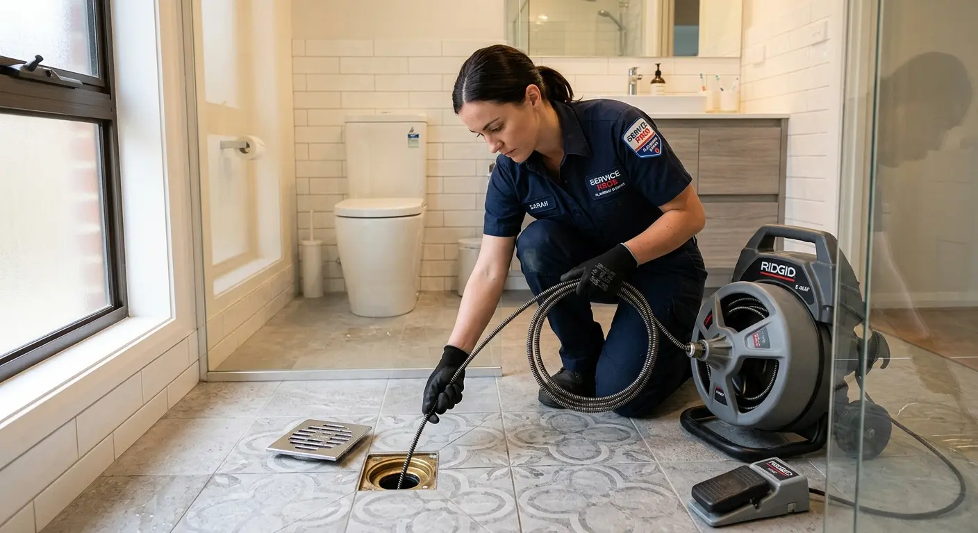 Technician clearing a bathroom floor drain for Drain Repair in Clarkson